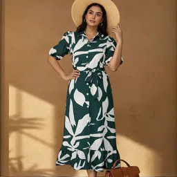 JAMTEXTILE Women Floral Printed Belted Puff Sleeve Shirt Midi Dress-picture-15