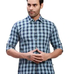 Parx Blue Cotton Slim Fit Checks Shirt-image-4