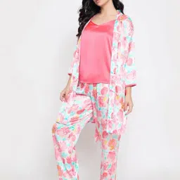 Clovia Multi Satin Printed 3pc Top & Pyjama Set image 4