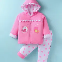 Child World Cotton Knit Full Sleeves Winter Wear Hooded Sweatjacket & Joggers Set with Sparrow Patch & Print - Pink-image-1