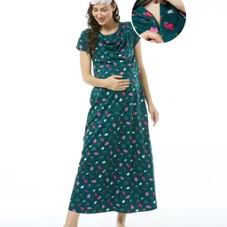 Bella Mama Cotton Knit Half Sleeves Nurisng Nighty with Concealed Zipper Cherry Print& Pocket Detailing- Pink - Teal Blue-image-23