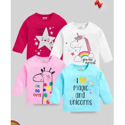 KUCHIPOO Pack Of 4 Full Sleeves Unicorn & Star Printed Cotton T Shirts - Multi Colour-picture-26