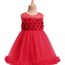 Babyhug Woven Sleeveless Mesh Party Dress with Floral Applique & Shimmer Detailing - Red-picture-17
