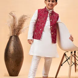 Vastramay Silk Full Sleeves Solid Kurta & Pyjama With Floral Embroidered & Sequins Embellished Nehru Jacket Set - Maroon & White-picture-19