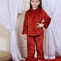 NEUDIS Fleece Knit Full Sleeves Solid Coordinating Night Suit Set - Maroon-picture-21