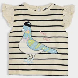 Mi Arcus 100% Cotton Cap Sleeves Pigeon Embroidered & Striped Top - Cream-picture-14