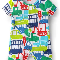 Babyhug 100% Cotton Knit Half Sleeves Romper with VehiclePrint - White & Green-image-68
