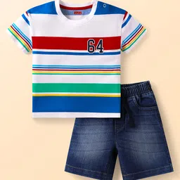 Babyhug Single Jersey Knit Half Sleeves T-Shirt & Denim Shorts Set with Stripes & SportTheme Print - White & Blue-picture-20