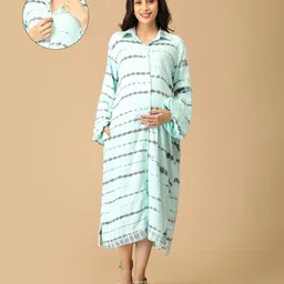 The Mom Store Cotton Full Sleeves Tie & Dye Maternity Oversized Shirt Style Dress With Nursing Access - Aqua Blue-picture-30