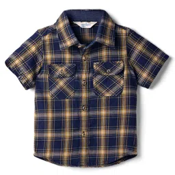 INFINITY Cotton Woven Half Sleeves Tartan Checked Shirt - Navy Blue & Mustard-picture-10