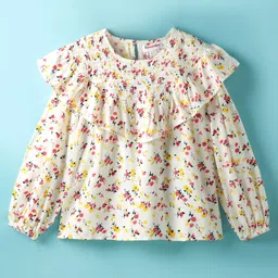 kookie kids india Kookie Kids Cambric Woven Full Sleeves Floral Printed Top with Smocking & Frill Detailing - White-picture-27