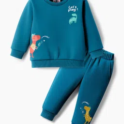 Zero Fleece Knit Full Sleeves Winter Wear Sweatshirt & Joggers Set With Dino Print & Embroidery - Turquoise-picture-24