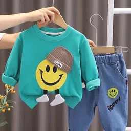 POP STREET KIDS Cotton Knit Full Sleeves Smiley Face Printed Light Winter Sweatshirt & Jeans Set - Green-picture-27