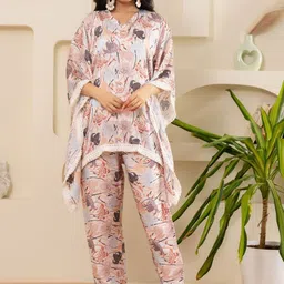 ZNKL Women Ethnic Motif Printed Satin Kaftan with Trousers Co-ord-image-11