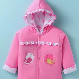 Child World Cotton Knit Full Sleeves Winter Wear Hooded Sweatjacket & Joggers Set with Sparrow Patch & Print - Pink image 2