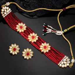 Peora Red & Gold Plated Kundan Jewellery Set image 1
