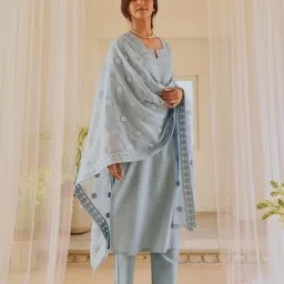 Karaj Jaipur Blue Kurta with Pant and Dupatta image 3