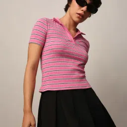Only Pink Cotton Striped Polo T-Shirt-picture-27