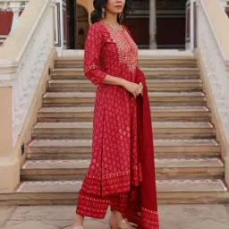 Juniper Red Cotton Embellished Kurta Pant Set With Dupatta image 3