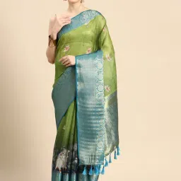 Silk Land Green & Blue Printed Saree With Unstitched Blouse-picture-38