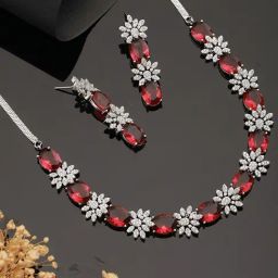 Saraf RS Jewellery Silver Plated Red AD Studded Designer Floral Design Jewellery Set-picture-15