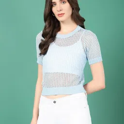 showoffff SHOWOFF Blue Self Design Crop Top image 3