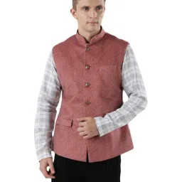 Ethnix By Raymond Red Regular Fit Printed Bundi Jacket-picture-12