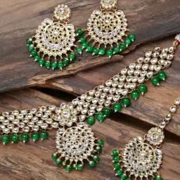 Zaveri Pearls Alluring Kundan & Green Beads Choker Necklace Earring Maangtikka Set-ZPFK9420-picture-25