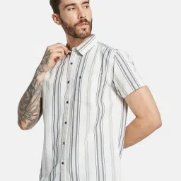 Mettle Off White Cotton Regular Fit Striped Shirt image 3