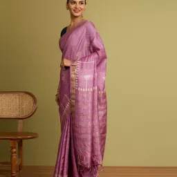 Taneira Light Violet Chattisgarh Block Printed Pure Tussar Silk Saree image 3
