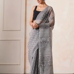 Jaypore Grey Kota Floral Hand Block Printed Saree image 3