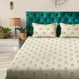 Klotthe Yellow Cotton Printed 400 TC King Fitted Bedsheet with 2 Pillow Covers image 2