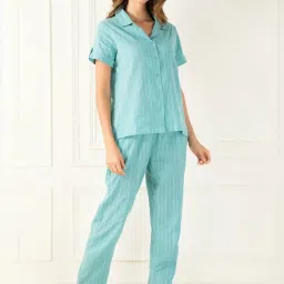 Clovia Green Striped Shirt Pyjama Set image 3