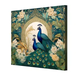 999Store Green & Blue Canvas Majestic Peacocks In Bloom Painting image 3