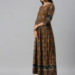 SHOWOFFFF Brown Cotton Botanical Ankle Length Anarkali Kurta image 3