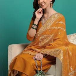 moda rapido Women's Mustard Embroidered Kurta Set with Dupatta | Blend Fabric image 3