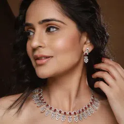 Saraf RS Jewellery Silver Plated Ruby Red AD Studded Elegant Floral Designer Delicate Jewellery Set image 5