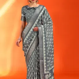 Saree Mall Grey Printed Sarees With Unstitched Blouse-image-5