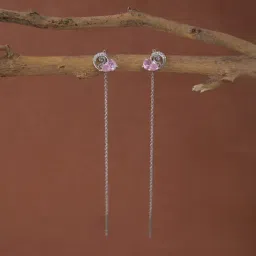 Clara 925 Silver Pink Pear Platinum Plated Long Chain Sui Dhaga Threader Earrings for Women-image-80