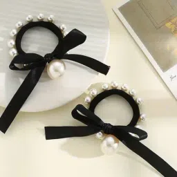 OOMPH Combo of 2 Black Nylon Big Pearl Rubber Band Ponytail Holder Stylish Latest-image-71
