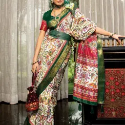 Satrani White & Green Cotton Silk Floral Print Saree With Unstitched Blouse-picture-18