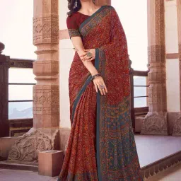 Satrani Red & Steel Grey Floral Print Saree With Unstitched Blouse-image-49
