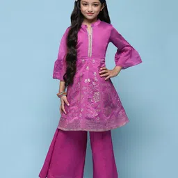 BIBA  Three Fourth Bell Sleeves Floral Foil Printed & Gota Lace Embellished Kurta With Palazzo  - Pink & Purple-picture-15