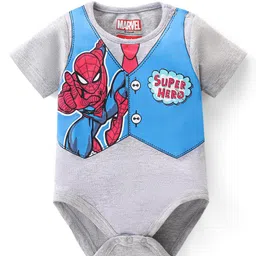 Babyhug Marvel Interlock Knit Half Sleeves Onesie With Spider Man Print - Grey-image-93