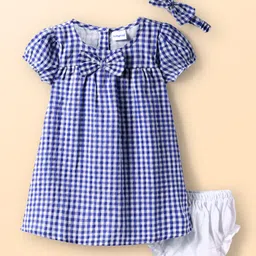 Babyhug Woven Puffed Sleeves Check Frock with Bloomer and Hair Band - Navy Blue-picture-23