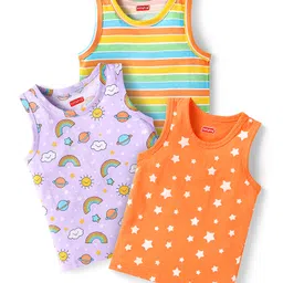Babyhug 100% Cotton Single Jersey Knit Sleeveless Antibacterial Sandos With Striped Rainbow & Star Print Pack Of 3 - Orange Purple & Yellow-picture-34