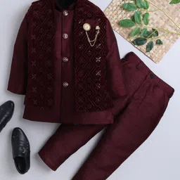 Ahhaaaa Velvet Solid Kurta Pant With Sequins Embellished Ethnic Designed Jacket Set - Wine-picture-10