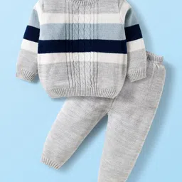 Babyhug Knit Full Sleeves Sweater Set with Stripes & Cable Knit Design - Grey & Light Blue-picture-37