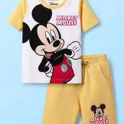 Babyhug Disney Single Jersey Knit Half Sleeves T-Shirt & Short Set With Mickey Mouse Print - Yellow & White image 1