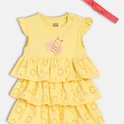 MINI KLUB Cotton Knit Frill Sleeves Schiffli Embroidered Honey Bee Printed Frock Style Onesie With Headband - Yellow-picture-25